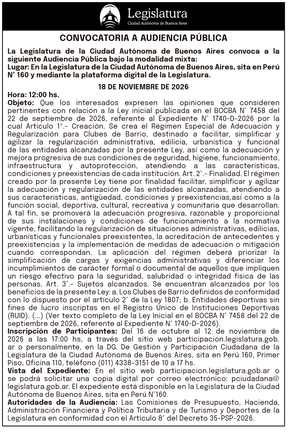Audiencia Publica - 18 de noviembre del 2026